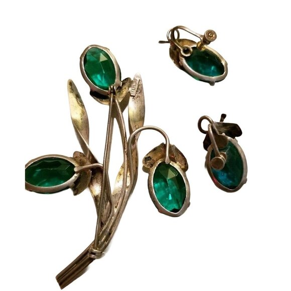 Sterling Silver Green Stone Floral Brooch Pin and Earring Set Celibity Owned JS6 - Picture 7 of 9